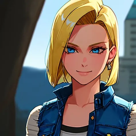 1girl, solo, android 18, blonde hair, blue eyes, short hair, jewelry, earrings, smile, jacket, looking to the side, denim, denim jacket, upper body, lingerie, closed mouth, cloud, sky, day, looking away, blue sky, collarbone,<lora:android18DragonBall_one:0.7>