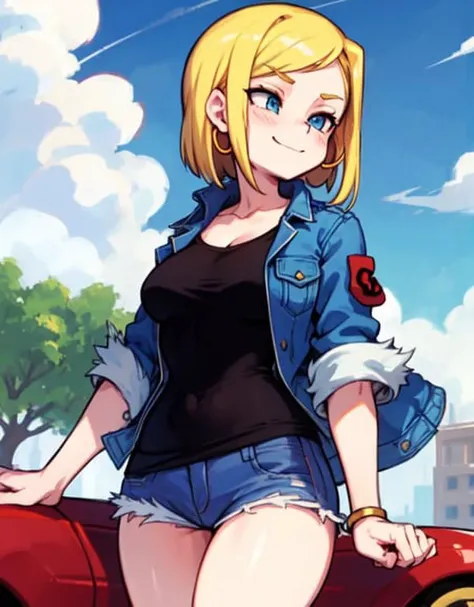 <lora:Android18:0.5>, (skullgirls-48600:0.9), android 18, (blonde hair, blue eyes, short hair), jacket, looking to the side, denim, ((denim jacket)), cowboy_shot, shirt, black shirt, closed mouth, cloud, sky, day, looking away, blue sky, collarbone, smiling, hoop earrings, solo
