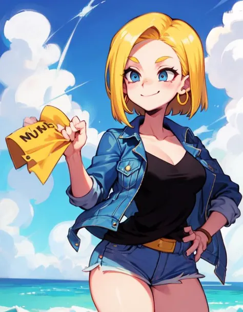 <lora:Android18:0.5>, (skullgirls-48600:0.9), android 18, (blonde hair, blue eyes, short hair), jacket, looking to the side, denim, ((denim jacket)), cowboy_shot, shirt, black shirt, closed mouth, cloud, sky, day, looking away, blue sky, collarbone, smiling, hoop earrings, solo