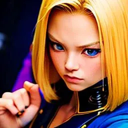 <lora:android18DragonBall_one:1>,low-angle-shot, android 18, best quality, 1 girl, full-length portrait,perfect hands, fighting,intricate details,chromatic aberration, blond hair,kung fu, Kame Hame Ha, perfect hands