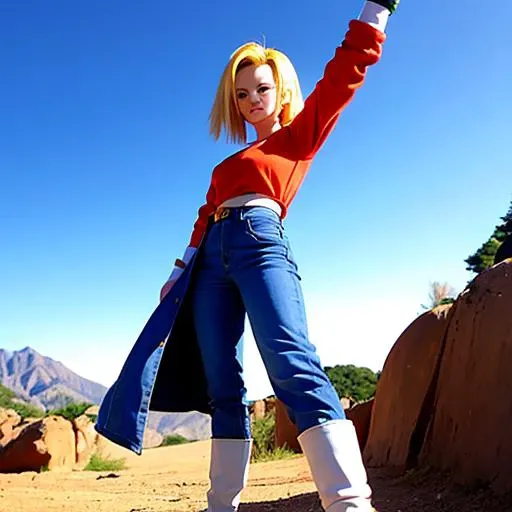 <lora:android18DragonBall_one:1>,low-angle-shot, android 18, best quality, 1 girl, full-length portrait,perfect hands, fighting