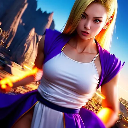 <lora:android18DragonBall_one:1>,low-angle-shot, android 18, best quality, 1 girl, full-length portrait,perfect hands, fighting,intricate details,chromatic aberration, blond hair,kung fu, Kame Hame Ha, perfect hands