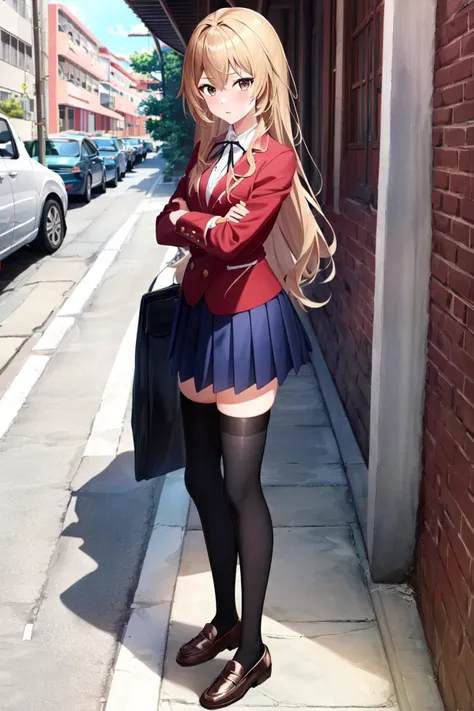 <lora:Taiga Aisaka:1> Taiga Aisaka, 1girl, solo, aisaka taiga, long hair, thighhighs, oohashi high school uniform, school uniform, skirt, brown hair, full body, crossed arms, zettai ryouiki, black thighhighs, brown eyes, pleated skirt, blue skirt, shoes, brown footwear, standing, jacket, red jacket, ribbon, shirt, black ribbon, looking at viewer, neck ribbon, loafers, white shirt, blazer, long sleeves, indoo((Shonen Style)), (detailed background, intricate background:1.1), beautiful ((Extremely Detailed)), ((Best Quality)), ((Masterpiece)), ((4k))