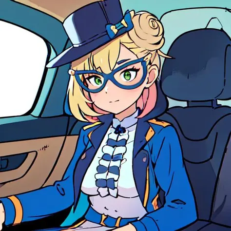 (masterpiece, top quality, best quality, beautiful, and aesthetic:1.2) lapi5, 1girl, hat, hair bun, mask, domino mask, blonde hair, sitting in the backseat of a taxi cab, <lora:lapi5:1>