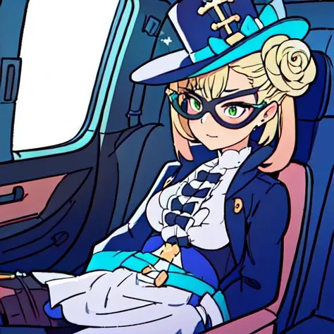 (masterpiece, top quality, best quality, beautiful, and aesthetic:1.2) lapi5, 1girl, hat, hair bun, mask, domino mask, blonde hair, sitting in the backseat of a taxi cab, <lora:lapi5:1>