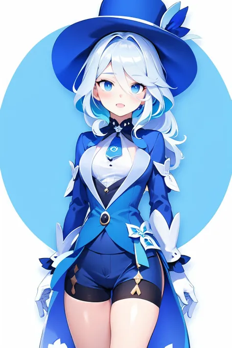 mbltb,icon,no humans,white background,simple background,(1girl:1.4),blue flower,gloves,flower,blue eyes,white gloves,hat,shorts,blue hair,blue headwear,butterfly,frilled sleeves,long sleeves,multicolored hair,aqua blue hair,blue rose,ahoge,bangs,jacket,shirt,white hair,hat flower,bare legs,frills,black shorts,hair between eyes,rose,legs,brooch,Focalors \(genshin impact\),