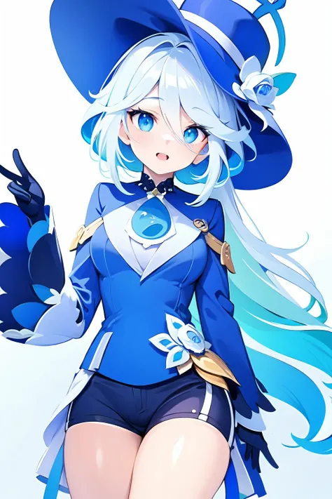 mbltb,icon,no humans,white background,simple background,(1girl:1.4),blue flower,gloves,flower,blue eyes,white gloves,hat,shorts,blue hair,blue headwear,butterfly,frilled sleeves,long sleeves,multicolored hair,aqua blue hair,blue rose,ahoge,bangs,jacket,shirt,white hair,hat flower,bare legs,frills,black shorts,hair between eyes,rose,legs,brooch,Focalors \(genshin impact\),