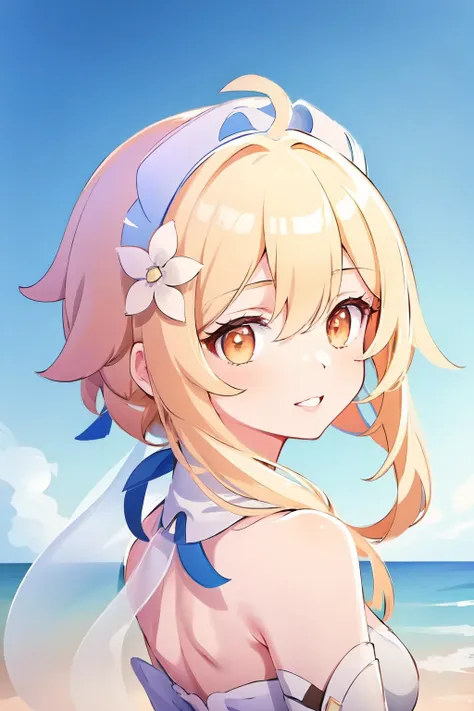 mbltb,icon,no humans,white background,simple background,(1girl:1.6),yinglp,lumine_(genshin_impact),lumine_\(genshin_impact\),solo,red lips,game cg,blonde hair,looking at viewer,ocean,white flower headdress,upper body,