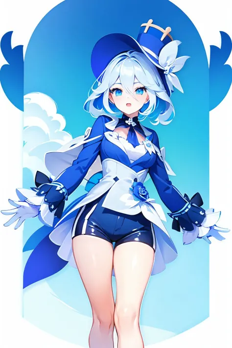 mbltb,icon,no humans,white background,simple background,(1girl:1.4),blue flower,gloves,flower,blue eyes,white gloves,hat,shorts,blue hair,blue headwear,butterfly,frilled sleeves,long sleeves,multicolored hair,aqua blue hair,blue rose,ahoge,bangs,jacket,shirt,white hair,hat flower,bare legs,frills,black shorts,hair between eyes,rose,legs,brooch,Focalors \(genshin impact\),