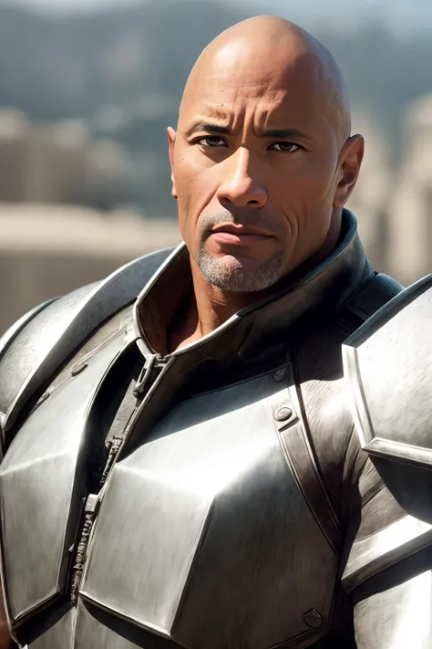 a photo of Dw4yneJ0hns0n, a man, RAW, close portrait photo, clsoe up shot, ((silver iron armor)), (high detailed skin:1.2), 8k uhd, dslr, soft lighting, high quality, film grain, Fujifilm XT3 sharp focus, f 5.6, castel in the background
