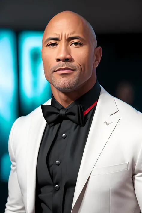 a photo of Dw4yneJ0hns0n, a man, RAW, (close portrait photo), (clsoe up shot), ((red dinner jacket, black bowtie, white shirt)), (high detailed skin:1.2), 8k uhd, dslr, soft lighting, high quality, film grain, Fujifilm XT3 sharp focus, f 5.6, in a museum, pictures in the background