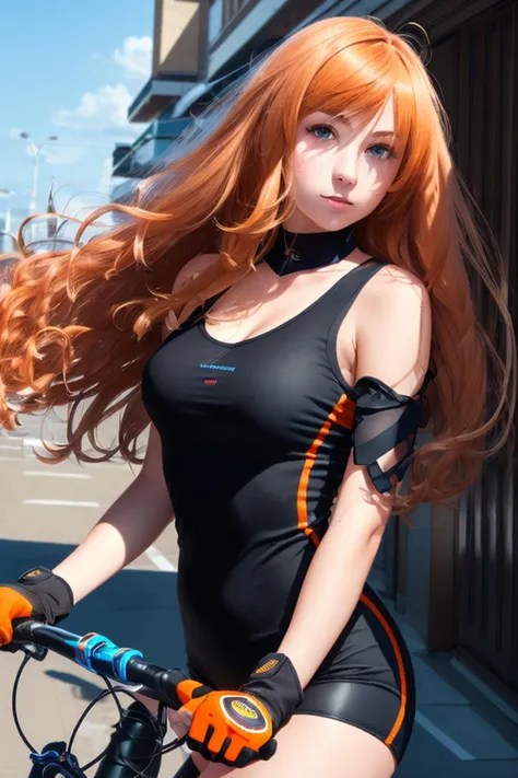 1girl, (masterpice:1.3), highres, high-detailed, high quality, (solo), (4k), (perfect face and eyes), dynamic light, intricate_details, street, bike shorts, bicycle, nature, long hair, wind, orange hair, sexy, sensual, sculpted body, dynamic pose, fingerless gloves,  <lora:LowRA:0.2>, lowra <lora:GoodHands-vanilla:1>