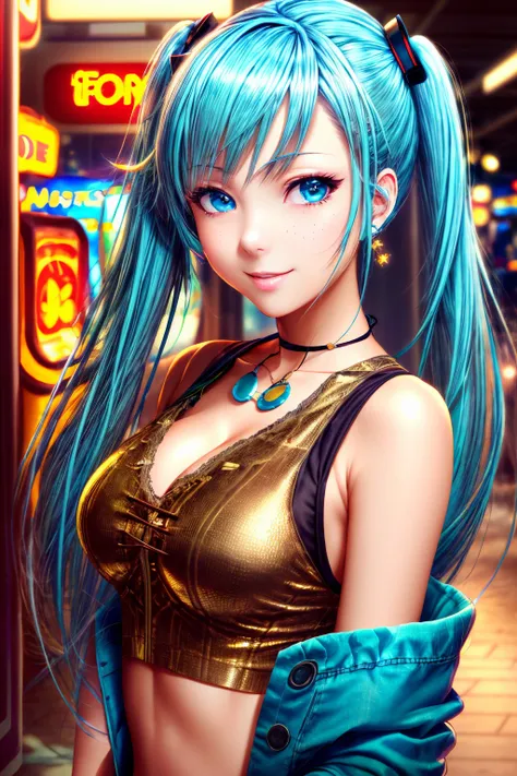 1woman, (masterpice:1.5), best quality, highres, high-detailed, high quality, (solo), 4k, cg, pixiv, dynamic light,  intense shadows, (perfect face and eyes), nice face, intricate_details, perfect body, high detailed image, high detailed woman, medium breasts, hatsune miku, scenary: arcade, smile, indoors, lights <lora:more_details:0.5> <lora:GoodHands-vanilla:1>