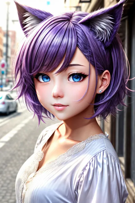 1girl, (masterpice), highres, high detailed, high quality, (solo), 4k, cg, pixiv, (perfect face and eyes), detailed face, dynamic light, intense shadows, intricate_details, cat girl, cat ears, white blouse, short, medium hair, purple hair, street, looking_at_viewer, from below, hair in one eye, high detailed girl, <lora:EMS-179-EMS:0.5>