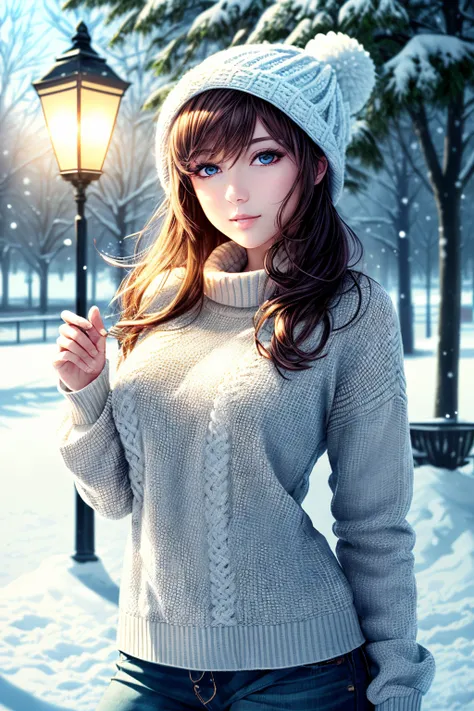 1woman, (masterpice:1.5), best quality, highres, high-detailed, high quality, (solo), 4k, cg, pixiv, dynamic light,  intense shadows, (perfect face and eyes), nice face, intricate_details, perfect body, high detailed image, high detailed woman, medium breasts, sweater, snow, street, trees, large hair, hat, wind, public lights, <lora:more_details:0.5>, <lora:GoodHands-vanilla:1>