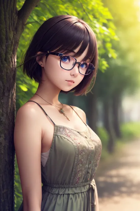 1girl, (masterpice:1.3), highres, high-detailed, high quality, (solo), (4k), (perfect face and eyes), dynamic light, intricate_details, nature, trees, long dress, short hair, glasses, brown eyes, (looking at viewer), street, <lora:LowRA:0.2>, lowra