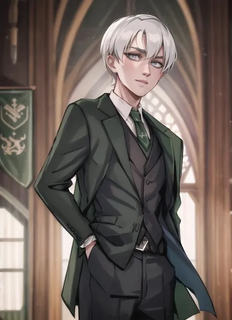 masterpiece, best quality,  drk1ma1,  <lora:Draco Malfoy:1>, slytherin, looking at viewer, 1boy, grey eyes