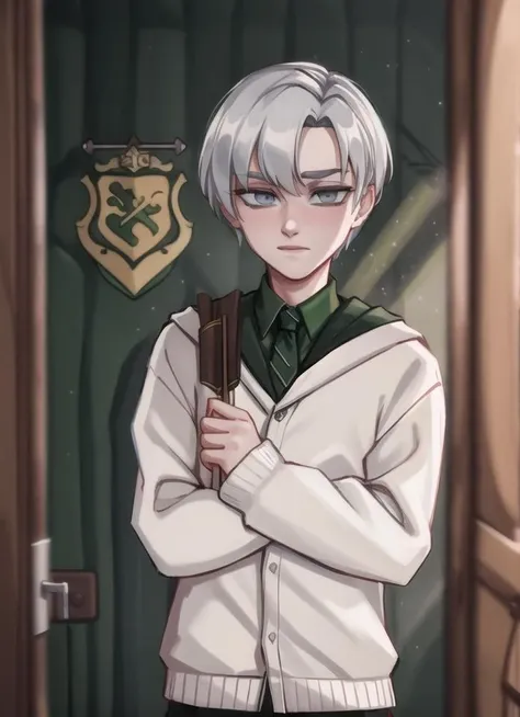 masterpiece, best quality,  drk1ma1,  <lora:Draco Malfoy:1>, slytherin, looking at viewer, 1boy, grey eyes