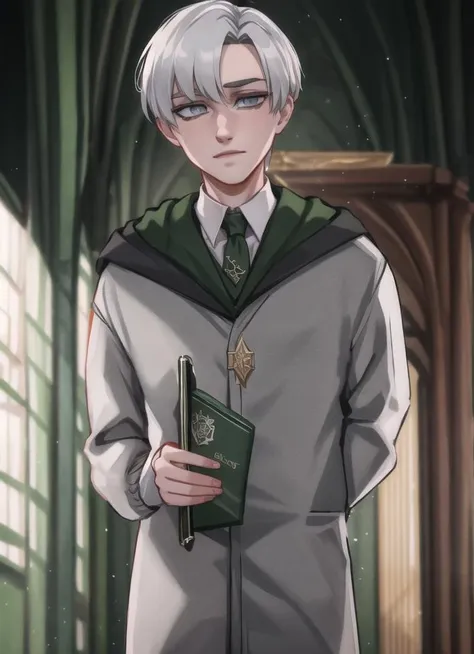 masterpiece, best quality,  drk1ma1,  <lora:Draco Malfoy:1>, slytherin, looking at viewer, 1boy, grey eyes