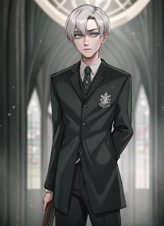 masterpiece, best quality,  drk1ma1,  <lora:Draco Malfoy:1>, slytherin, looking at viewer, 1boy, grey eyes