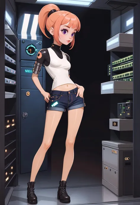 woman, soft, goth bad girl, 1girl, cute, full body, [:outlandish costume design,:0.2], official art, caucasian, bombshell punk hair, peach hair with ultraviolet highlights, side braid,  dark white lighting , denim shorts, in a mad scientist's bunker, bombshell hair, copper hair, side braid,High Ponytail, \o/, slim, narrow waist<lora:EnvyCuteXL04:1>