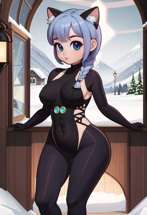 soft, bokeh,1girl, (molasses dirt kitty skald:1.3), (in the wispy, Victorian frozen tundra:1.3), (full body:1.4), light blue hair, hime cut,Micro Braids, (blush:1.3), , dark black eyes, [:wild, outlandish costume design:0.2], glowing eyes, sexy thicc hourglass figure,, ((bodysuit:1.3):1.2), <lora:EnvyCuteXL04:1>