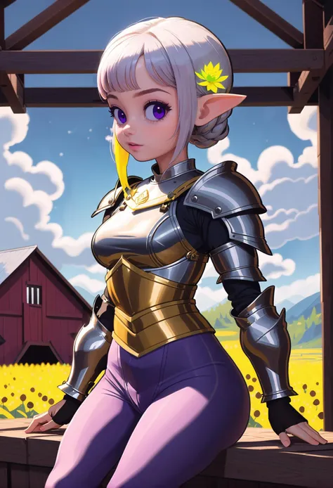 woman, soft, dark knight  , (armor:1.3), pauldrons, neon white hair, Viking Braids,long hair, reaching, in a  barn, in a Canadian, sky European town, bombshell hair, vivid ultraviolet hair with goldenrod highlights, side braid, lotus position, slim, narrow waist<lora:EnvyCuteXL04:1>