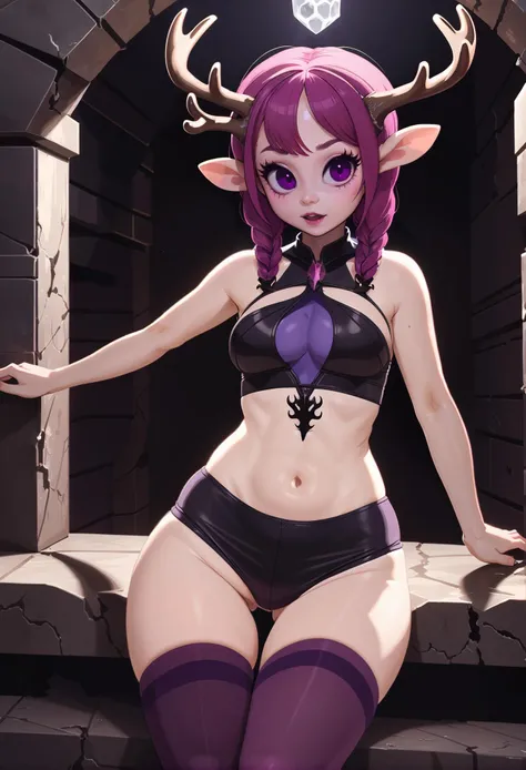 woman, soft, (demonic, infernal, evil:1.25), (full body:1), hair, (antlers:1.3), from behind, thighhighs, creepy lighting, (aroused, blush, orgasm:1.2), succubus, claws, caucasian, (in a ruined corrupted temple:1.2), bent over, from behind, in frozen space, bombshell hair, magenta hair with purple highlights, French Braid, spread legs, slim, narrow waist<lora:EnvyCuteXL04:1>