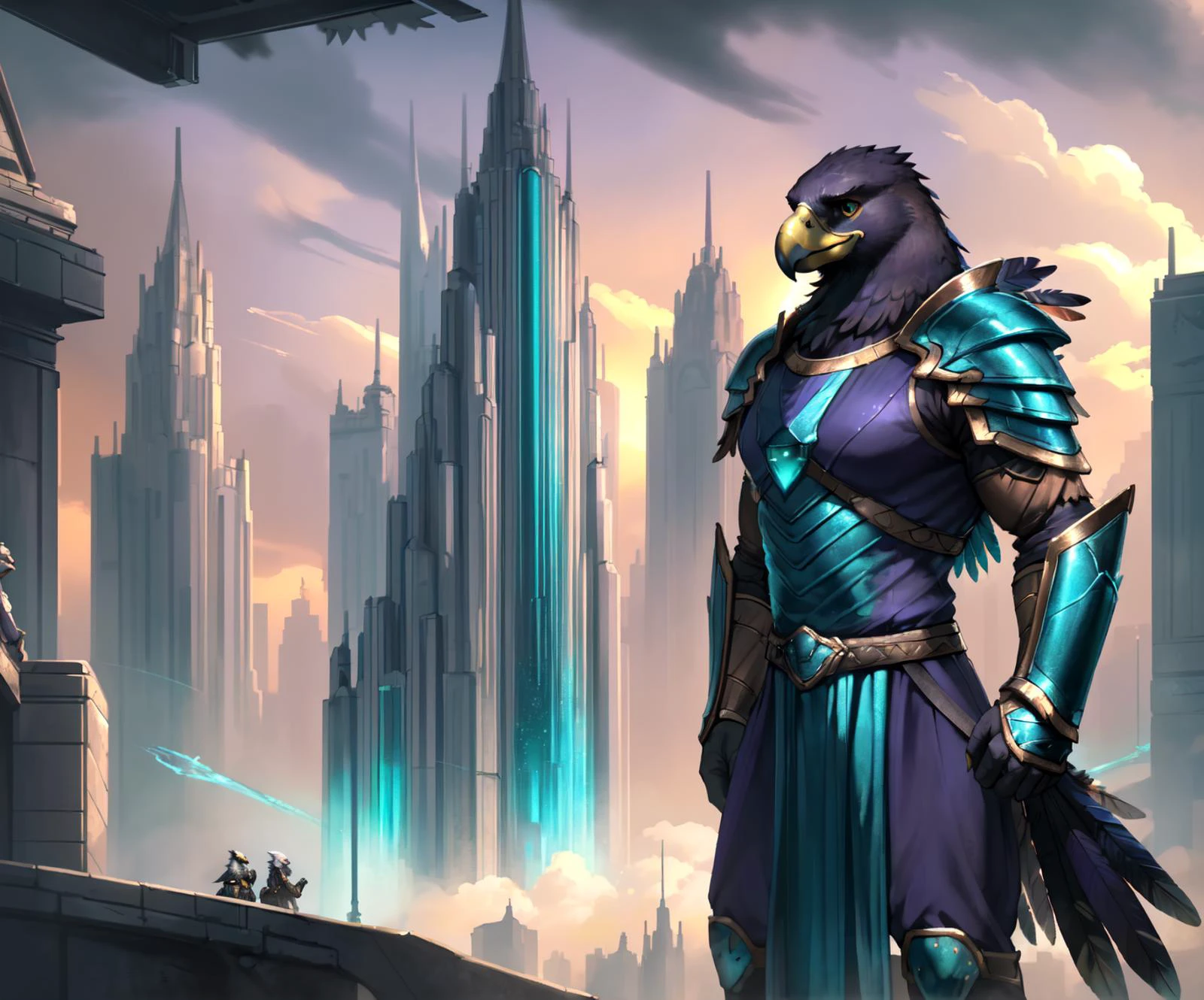 ((score_9, score_8_up, score_7_up,
((8K, side lighting, rim lighting, cinematic lighting, ominous eerie lighting, spectacled light, In'ei, (highly detailed), (Masterpiece), beautiful details, crisp, chiaroscuro, anime style, 8K CGI video game, digital illustration, shiny emphasis lines, insanely detailed, volumetric lighting, realism shading, digital media (artwork), hyper detailed, photo realistic, internal reflections, colored lines, ray tracing, subsurface reflections, masterclass color theory, )),
(((hawk, falcon, eagle, raven, ), detailed soft kemono feather textured body, (white, teal, ) armor, high fantasy, handsome, dashing, charismatic, beautiful, strong, perfectly shaped eyes, 8K CGI video game render, perfect hands, fantasy imperial, noble empire, multiple characters, group, masterwork, digital rendering, vibrant warm sunset, flourishing urban landscape, vast urban area, vibrant emerald glass super tall skyscrapers, fantasy science fiction \(theme\), highly detailed background, in the style of the video game Stellaris, colored lines, shiny emphasis lines, ):1.5),
((in the style of and art by jiandou, darkgem, ruaidri, yupa, kiyosan, Pino Daeni, Raphael, Leonardo da Vinci, James Gurney, Thomas Kinkade, Midjourney, )), bad_prompt_version2, masterpiece-anatomy-perfect, )),
<lora:FutureCity_last:0.35> <lora:Authoritarian Architecture (AD):0.35> authoritarian, cityscape, skyscraper, building, city, scenery, monumental architecture, <lora:EnvyHexXL01:0.35> <lora:è«å¥³monv第ä¸ç:0.8> monv