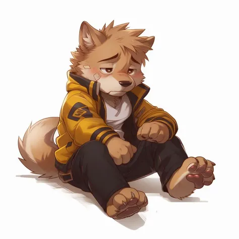 wetdogs, sitting, canid, canine, (band-aid:1.2), blush, mammal, anthro, male, solo, tail, 5 fingers, 4 toes, pawpads, toe curl, claws, brown eyes, (yellow jacket, open clothing:1.2), black pants, sad, yellow fur, (chibi,cute,cub,young:1.3), by bogexboog, by zixiong, by takemoto arashi, detailed eyes, <lora:sang8bit-e27-000014:1>