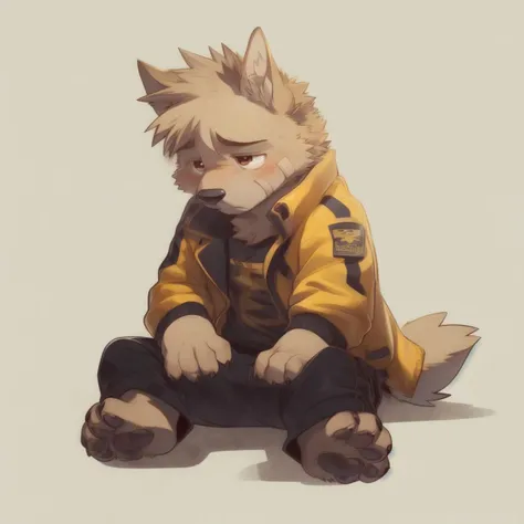 wetdogs, sitting, canid, canine, (band-aid:1.2), blush, mammal, anthro, male, solo, tail, 5 fingers, 4 toes, pawpads, toe curl, claws, brown eyes, (yellow jacket, open clothing:1.2), black pants, sad, yellow fur, (chibi,cute,cub,young:1.3), by bogexboog, by zixiong, by takemoto arashi, detailed eyes, <lora:sang8bit-e27-000014:1>