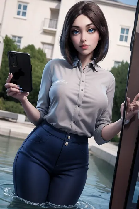masterpiece, best quality, high quality, highres,looking at viewer, straight-on, wading, water,
1girl, solo,
<lora:ARTSTYLE_AromaSensei_ownwaifu-15:0.9> 
MEME_samsung_sam_ownwaifu, www.ownwaifu.com, 
blue eyes, brown hair, short hair, medium hair,  mole under eye, nail polish, blue nails, freckles, lips, breasts, nose, makeup, blush, eyelashes, medium breasts, lipstick, 
black shirt, denim, blue pants, wristwatch, collared shirt, jeans, pants,
samsung, smartphone, holding phone, phone, cellphone, 
<lora:MEME_samsung_sam_ownwaifu-15:0.7> ,