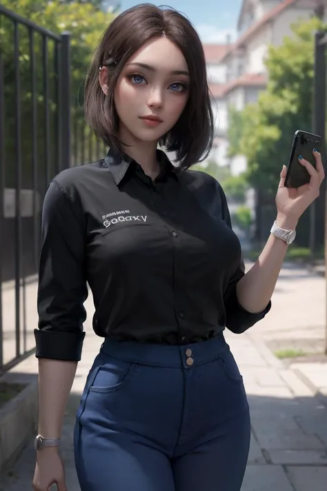 looking at viewer, wading, water, outdoors, solo, 
MEME_samsung_sam_ownwaifu, www.ownwaifu.com, 
blue eyes, brown hair, short hair, medium hair,  mole under eye, nail polish, blue nails, freckles, lips, breasts, nose, makeup, blush, eyelashes, medium breasts, lipstick, 
black shirt, denim, blue pants, wristwatch, collared shirt, jeans, pants,
samsung, smartphone, holding phone, phone, cellphone, 
<lora:MEME_samsung_sam_ownwaifu-15:1> ,
realistic, ultra specular detailed, amazing artwork,8k uhd, dslr, soft lighting, high quality, Nikon Z9, award winning best photography, intricate,detailed background,(well defined perfect hands, high detailed skin,detailed face:0.3), (absurdres,golden_ratio,highres, incredibly_absurdres:0.2),(scenery,sidelighting,masterpiece:0.5),