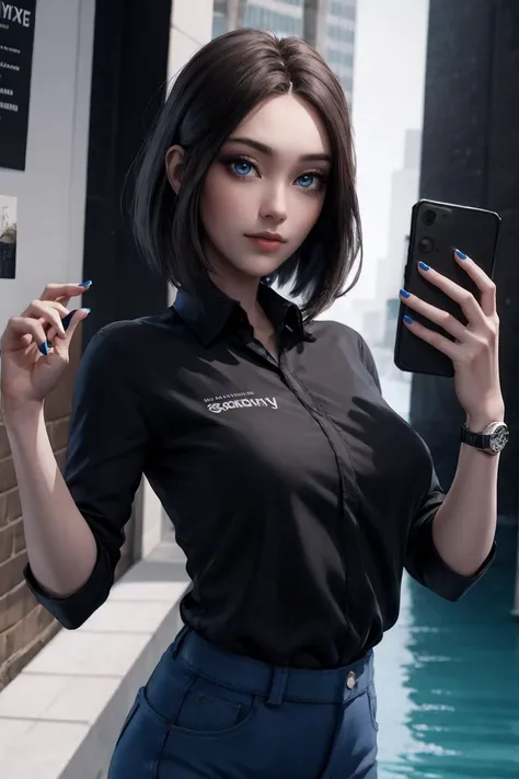 looking at viewer, wading, water, outdoors, solo, 
MEME_samsung_sam_ownwaifu, www.ownwaifu.com, 
blue eyes, brown hair, short hair, medium hair,  mole under eye, nail polish, blue nails, freckles, lips, breasts, nose, makeup, blush, eyelashes, medium breasts, lipstick, 
black shirt, denim, blue pants, wristwatch, collared shirt, jeans, pants,
samsung, smartphone, holding phone, phone, cellphone, 
<lora:MEME_samsung_sam_ownwaifu-15:0.6> ,
realistic, ultra specular detailed, amazing artwork,8k uhd, dslr, soft lighting, high quality, Nikon Z9, award winning best photography, intricate,detailed background,(well defined perfect hands, high detailed skin,detailed face:0.3), (absurdres,golden_ratio,highres, incredibly_absurdres:0.2),(scenery,sidelighting,masterpiece:0.5),
