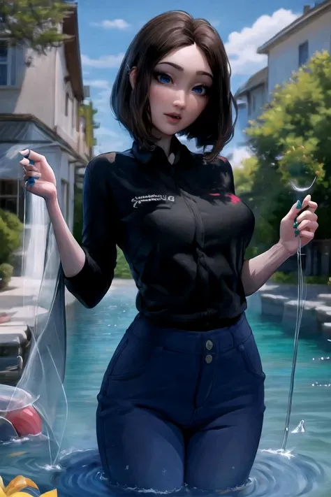 masterpiece, best quality, high quality, highres,looking at viewer, straight-on, wading, water,
1girl, solo,
<lora:ARTSTYLE_AromaSensei_ownwaifu-15:0.9> 
MEME_samsung_sam_ownwaifu, www.ownwaifu.com, 
blue eyes, brown hair, short hair, medium hair,  mole under eye, nail polish, blue nails, freckles, lips, breasts, nose, makeup, blush, eyelashes, medium breasts, lipstick, 
black shirt, denim, blue pants, wristwatch, collared shirt, jeans, pants,
samsung, smartphone, holding phone, phone, cellphone, 
<lora:MEME_samsung_sam_ownwaifu-15:0.8> ,