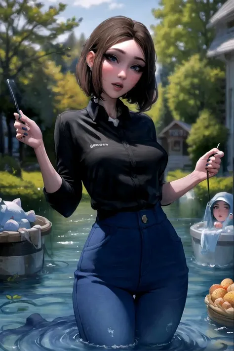 masterpiece, best quality, high quality, highres,looking at viewer, straight-on, wading, water,
1girl, solo,
<lora:ARTSTYLE_AromaSensei_ownwaifu-15:0.9> 
MEME_samsung_sam_ownwaifu, www.ownwaifu.com, 
blue eyes, brown hair, short hair, medium hair,  mole under eye, nail polish, blue nails, freckles, lips, breasts, nose, makeup, blush, eyelashes, medium breasts, lipstick, 
black shirt, denim, blue pants, wristwatch, collared shirt, jeans, pants,
samsung, smartphone, holding phone, phone, cellphone, 
<lora:MEME_samsung_sam_ownwaifu-15:0.6> ,