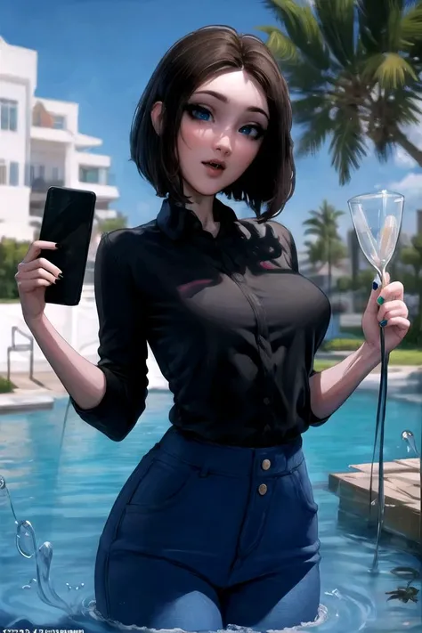 masterpiece, best quality, high quality, highres,looking at viewer, straight-on, wading, water,
1girl, solo,
<lora:ARTSTYLE_AromaSensei_ownwaifu-15:1>
MEME_samsung_sam_ownwaifu, www.ownwaifu.com,
blue eyes, brown hair, short hair, medium hair, mole under eye, nail polish, blue nails, freckles, lips, breasts, nose, makeup, blush, eyelashes, medium breasts, lipstick,
black shirt, denim, blue pants, wristwatch, collared shirt, jeans, pants,
samsung, smartphone, holding phone, phone, cellphone,
<lora:MEME_samsung_sam_ownwaifu-15:0.6> ,