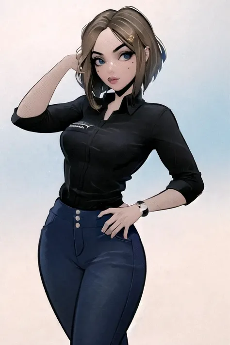 masterpiece, best quality, high quality, highres,looking at viewer,  
ARTSTYLE_VintagePinup_jazy_ownwaifu, www.ownwaifu.com, 
1girl, solo, simple background, pose, 
tattoo,  
<lora:ARTSTYLE_VintagePinup_jazy_ownwaifu-15:0.9> 
MEME_samsung_sam_ownwaifu, www.ownwaifu.com, 
blue eyes, brown hair, short hair, medium hair,  mole under eye, nail polish, blue nails, freckles, lips, breasts, nose, makeup, blush, eyelashes, medium breasts, lipstick, 
black shirt, denim, blue pants, wristwatch, collared shirt, jeans, pants,
<lora:MEME_samsung_sam_ownwaifu-15:0.8> ,
