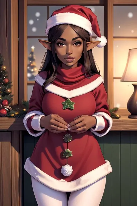 (masterpiece, best quality, 1girls , solo)  elf ears, brown eyes,    (dark skin,   dark-skinned female),   female,   female only,  Christmas outfit, festive outfit, Santa hat , looking at viewer,   winter snow, ski lodge,  solo,   solo female, <lora:warlockandboobs:1>