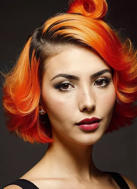 portrait of sks woman by Flora Borsi, style by Flora Borsi, bold, bright colours, orange Mohawk haircut, ((Flora Borsi)), <lora:locon_andreabotez_v1_from_v1_64_32:1.25>
