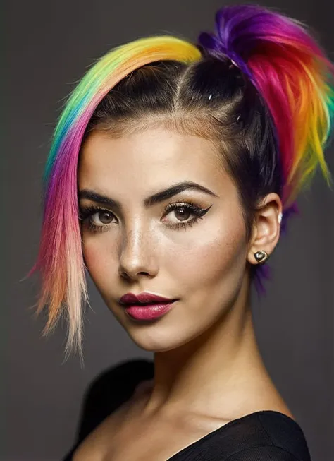 portrait of sks woman by Flora Borsi, style by Flora Borsi, bold, bright colours, rainbow Mohawk haircut, ((Flora Borsi)), <lora:locon_andreabotez_v1_from_v1_64_32:1.25>