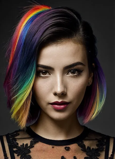 portrait of sks woman by Flora Borsi, style by Flora Borsi, bold, bright colours, rainbow Mohawk haircut, ((Flora Borsi)), <lora:locon_andreabotez_v1_from_v1_64_32:1>