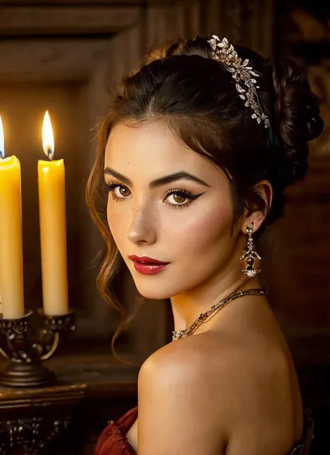 medium portrait close up of a Beautiful sks woman, (messy bun), sitting on a wooden chair, wearing a fancy Victorian era dress, seductively posing, medium breasts, pale skin, dark red lips, dark eye shadow, ornate pendant, sitting in front of a large stone fireplace, candle burning, in a luxurious fantasy castle, side lighting, cinematic, Renaissance style, (Fujifilm XT3:1.1), (high detailed face:1.3), perfect hands, <lora:locon_andreabotez_v1_from_v1_64_32:1.25>