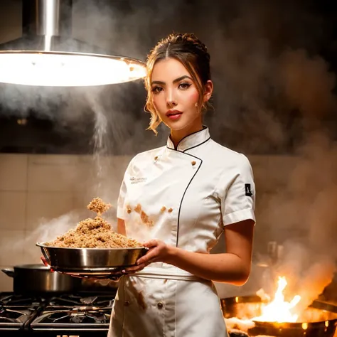 A stunning intricate photo of (sks woman:1), cooking in kitchen, wearing a formal chef suit, (flour explosion:1.1), epic character composition, by ilya kuvshinov, alessio albi, nina masic, sharp focus, natural lighting, f2, 35mm, film grain, <lyco:locon_andreabotez_v1_from_v1_64_32:1.25>