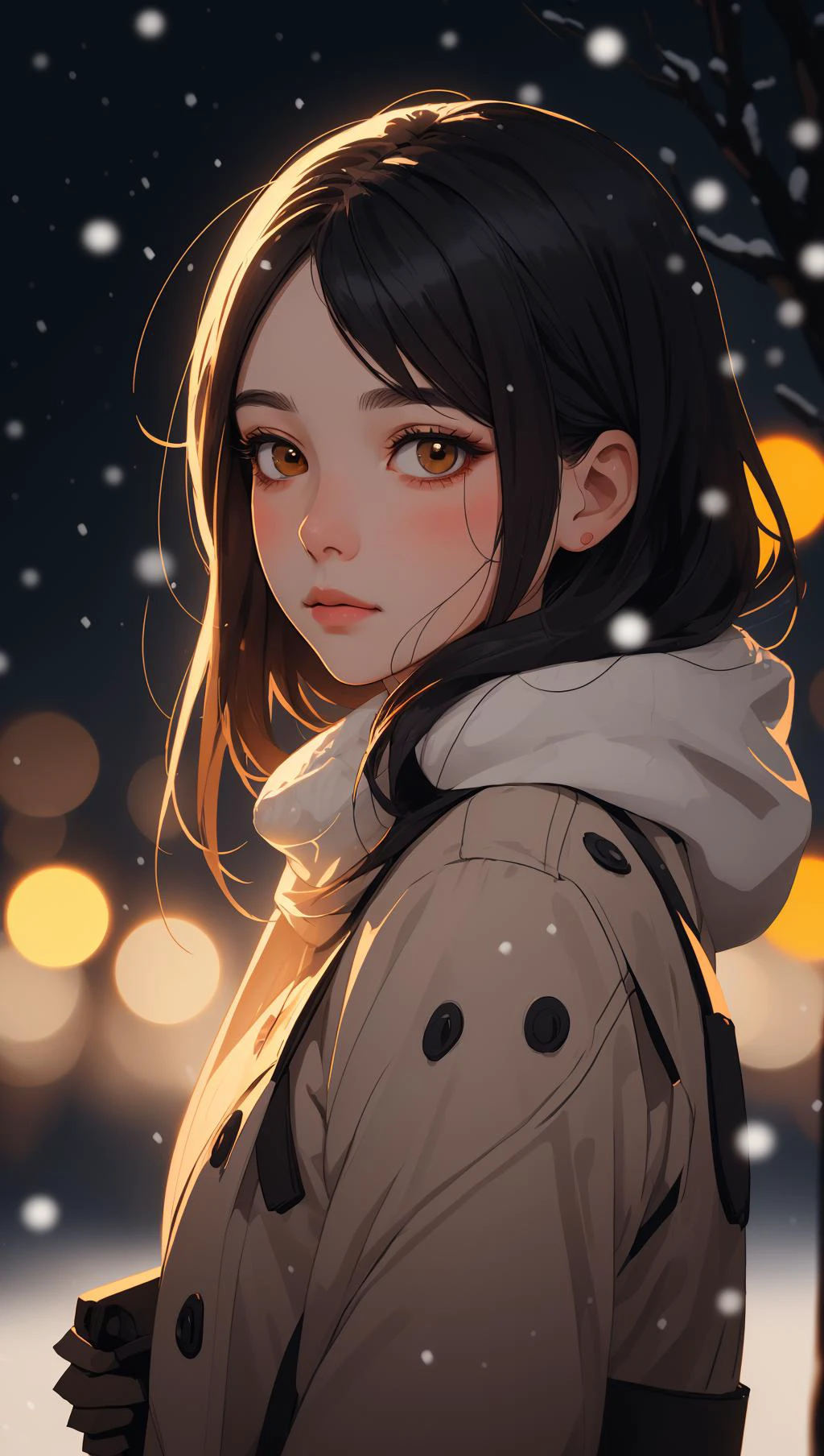 (portrait),masterpiece,best quality,ultra-detailed,illustration,woman,portrait snowing,night,bokeh ((facing viewer)) ,<lora:Festive_Bokeh_Anime:0.8>,