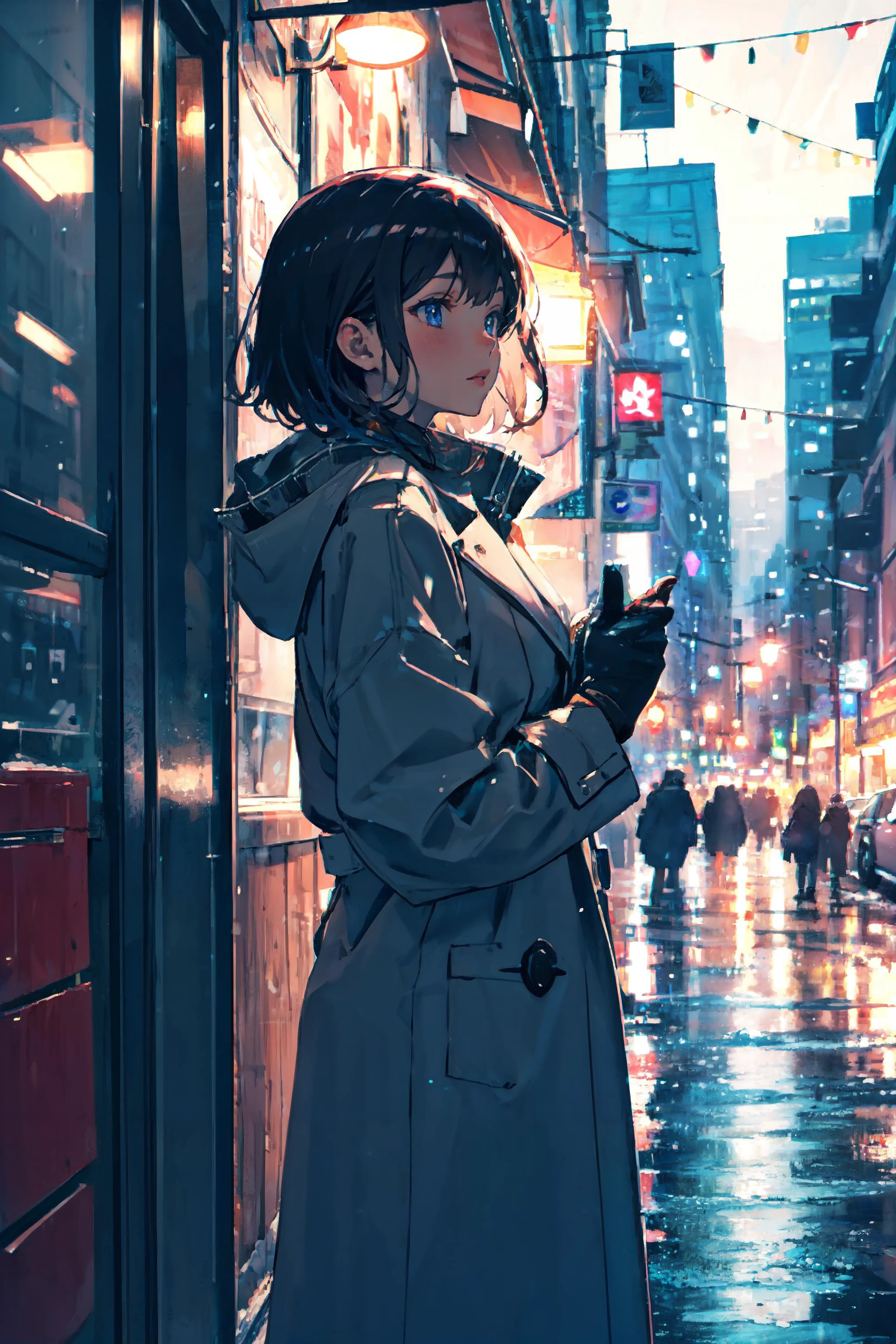 (long coat, gloves) adult female, short hair, BREAK, warm colors, greens, blue, BREAK, wallpaper, winter theme, cozy feeling, (close-up), BREAK, absurdres, masterpiece, BREAK, <lora:Festive_Bokeh_Anime:0.5>