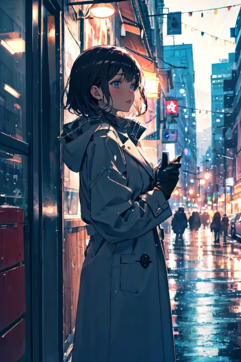 (long coat, gloves) adult female,  short hair, BREAK, warm colors, greens, blue,  BREAK, wallpaper, winter theme, cozy feeling, (close-up), BREAK, absurdres, masterpiece, BREAK,  <lora:Festive_Bokeh_Anime:0.5>