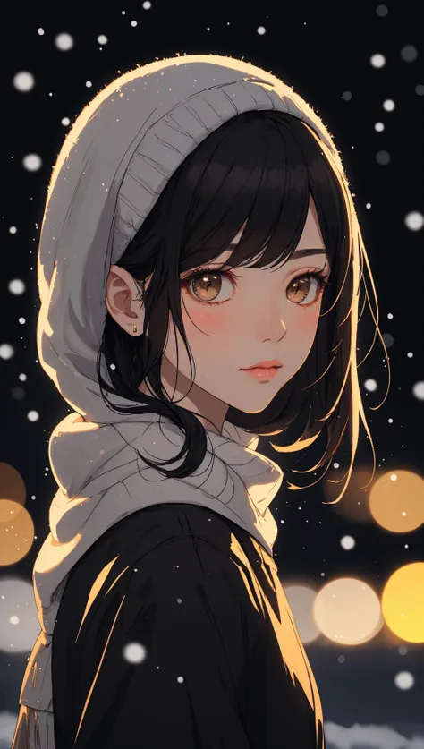 (portrait),masterpiece,best quality,ultra-detailed,illustration,woman,portrait snowing,night,bokeh ((facing viewer)),<lora:Festive_Bokeh_Anime:0.8>,