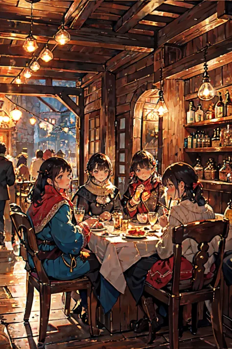 A group of adventurers enjoying a well-deserved break in a bustling tavern, each character with unique features and personalities. BREAK, Fantasy, high-resolution, detailed, diverse, BREAK, Warm, candlelit atmosphere with flickering firelight, BREAK, Rich and vibrant, with contrasting colors to highlight individual characters, BERAK, Lively, jovial, camaraderie, <lora:Festive_Bokeh_Anime:0.3>