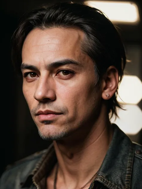 Grunge style, RAW photo of (((man))), portrait of a beautiful (man:1.5), (((male person)) + (age late fourties )), highly realistic, masterpiece, absurdres, intricate, highly detailed, botswana,skin color medium to dark brown + Triangle Face, Asian Eyes, [eye color grey], Nose with an Acquiline Curve Shape, protruding lower lip, high cheekbones, weak receding chin, high quality photography, 3 point lighting, flash with softbox, 16k, Leica M6, Ektachrome 64, smooth, sharp focus, high resolution, award winning photo, 50mm, f2.8, depth of field, Textured, distressed, vintage, edgy, punk rock vibe, dirty, noisy